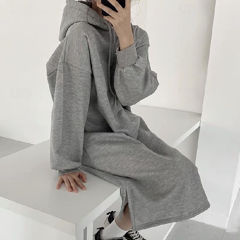 Women's Midi Dress Hoodie Dress Fashion Modern Daily Going out Regular Fit Plain Long Sleeve Crew Neck Hooded Black Brown Dark Blue Gray Spring Fall4
