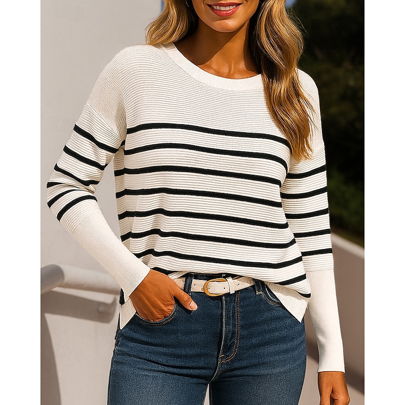 Women's Knit Shirt Pullover Sweater Long Sleeve Top Athleisure Fall Striped Spandex Fashion Outdoor Travel Sports Sportswear Activewear Black-White Black White