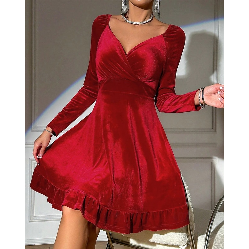 Women's Midi Dress Velvet Dress Cocktail Dress Elegant Fashion Modern Outdoor Party Party Evening Wear Regular Fit Plain Long Sleeve V Neck Red Spring Autumn2