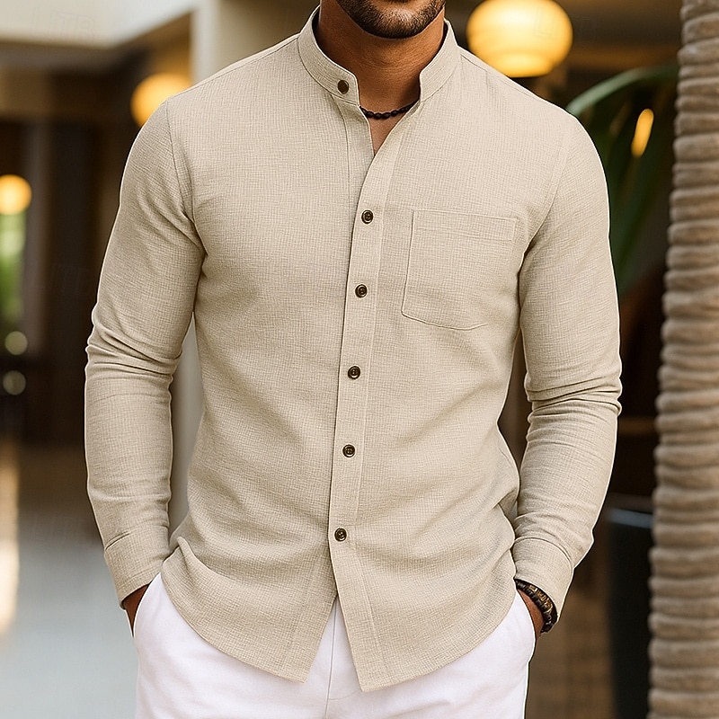 Men's Shirt Waffle Shirt Casual Shirt Band Collar Shirt Button Up Shirt Black White Wine Green khaki Long Sleeve Plain Mandarin Collar Daily Going out Clothing Apparel Fashion Modern Casual3