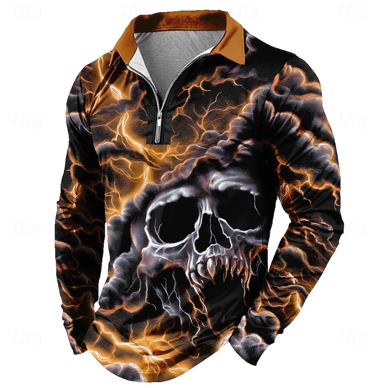 Day of the Dead Men's Skull Polo Long Sleeve Polo Shirts Lapel Casual Dark Daily Wear Festival Outfit 3D Print Quarter Zip Polo Spring Fall Winter Red Blue Brown3