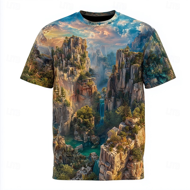 Men's Optical Illusion 3D Mountain T Shirt Short Sleeve T shirt 3D Print Crew Neck Shirt Exaggerated Designer Party Daily Holiday Blue Brown Summer Spring All Seasons Clothing Apparel S M L XL XXL