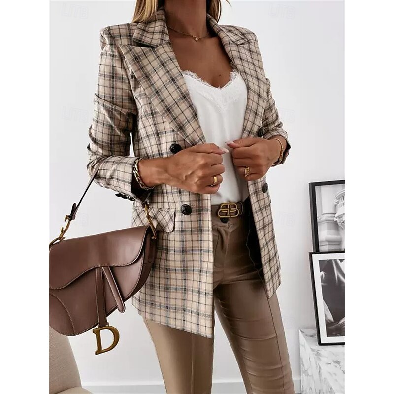 Women's Blazer Comfortable Pocket Elegant Fashion Outdoor Lattice Going out Casual Daily Weekend Double Breasted Regular Lapel Regular Fit Long Sleeve Outerwear Black Khaki Apricot Spring Fall2
