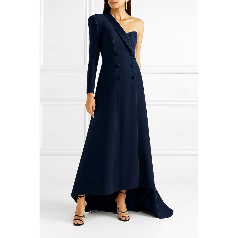 Black Blazer Tuxedo Dress A-Line Formal Wedding Wedding Guest Satin 4-Way Stretch Fabric Elegant Vintage Long Sleeve Floor Length Asymmetrical Notched Lapels Zipper4