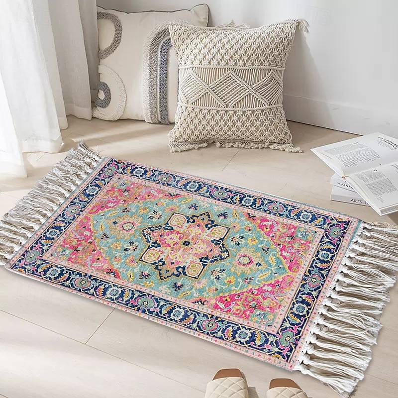Vintage Persian Rug For Bedroom Ethnic Style Hand Woven Low Polyester Cotton Blend Floor Mat Bedside Carpet Sofa Cushion Decorative Durable Easy Care Stain Resistant Washable2