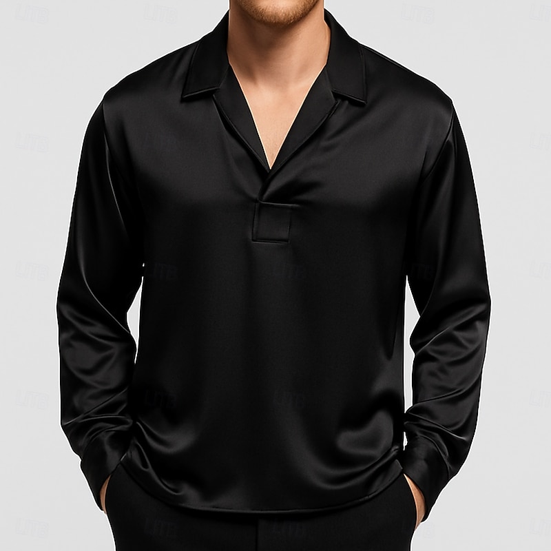 Men's Shirt Satin Shirt Dress Shirt Casual Shirt Button Up Shirt Prom Shirt Plain Formal Wedding Light Blue Black Gold Beige Long Sleeve V Neck All Seasons Clothing Apparel
