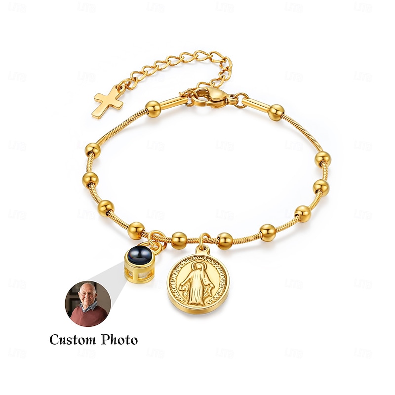 Personalized Photo Virgin Custom Mary Pendant Bracelet – Memorial Gift with Custom Photo Inlay Projection Stone, Fashionable Thanksgiving & Christmas Jewelry for Family and Friends