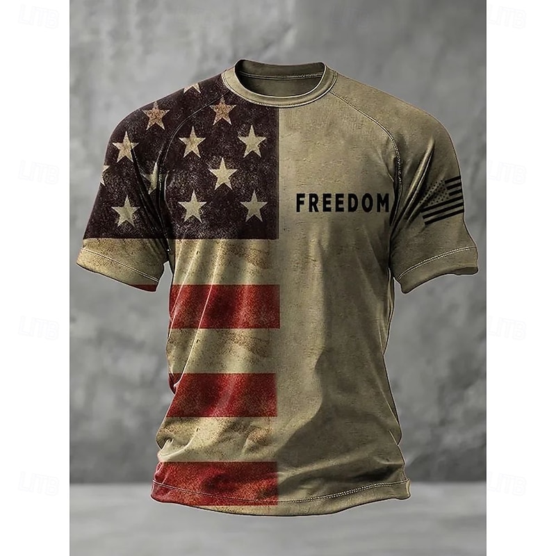 Men's Letter American Flag Short Sleeve Shirt T shirt Tee Tee Top Short Sleeve T shirt 3D Print Crew Neck Shirt Fashion Designer Casual Vacation Daily Holiday Khaki All Seasons Clothing Apparel S M L