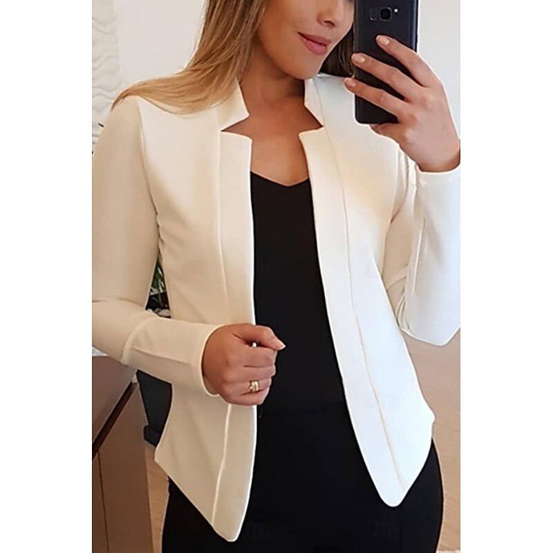 Women's Blazer Comfortable Breathable Slim Fit Casual Plain Office Street Casual Daily Wear Open Front Short Stand Collar Regular Fit Long Sleeve Outerwear Black White Yellow Spring Fall2