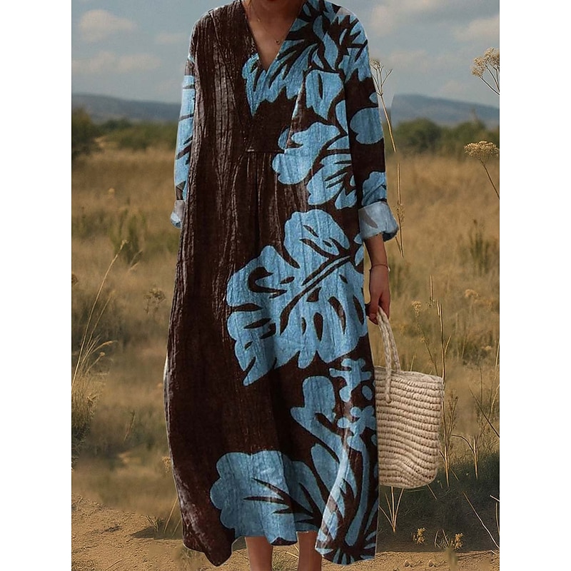 Women's Maxi Dress A Line Dress Fit And Flare Dress Party Casual Boho Party Daily Going out Loose Fit Graphic Geometric Tropical Long Sleeve V Neck Black Red Blue Green Spring Fall Winter Autumn