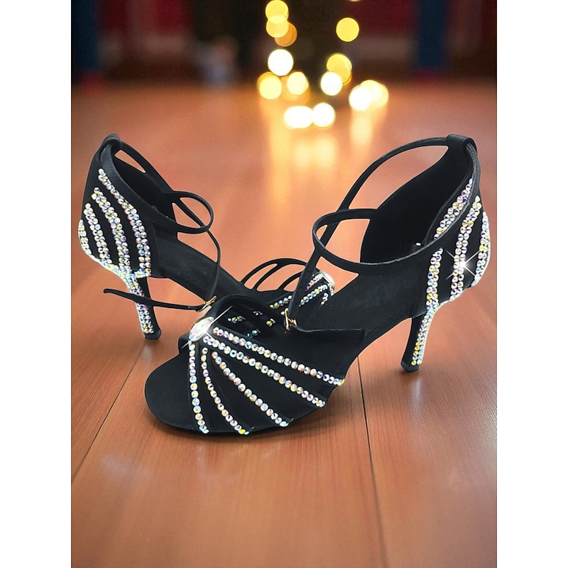Women's Black Rhinestone Strappy Latin Dance Sandals - Elegant Gatsby Style Open Toe Heels for Ballroom, Gatsby Parties and Latin Dance Performances