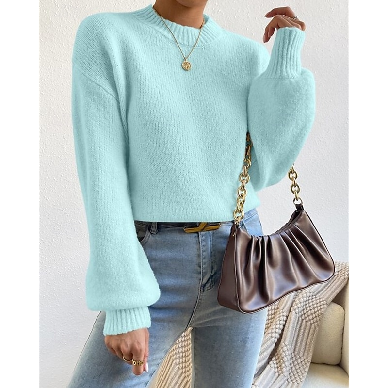 Women's Sweater Pullover Fashion Casual Pure Color Ribbed Mock Neck Knitted Long Sleeve Regular Tops Knit Outdoor Daily Weekend Blue Fall Winter3