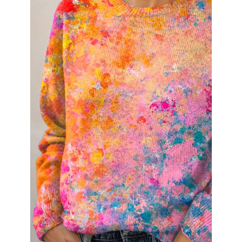 Women's Sweater Pullover Daily Casual Graphic Color Gradient Ribbed Crew Neck Knitted Print Long Sleeve Regular Tops Knit Outdoor Weekend Orange Fall Winter2