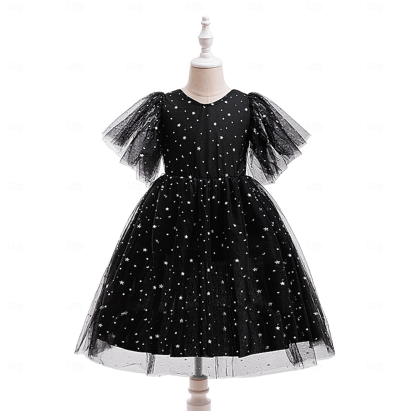 Kids Girls' Party Dress Solid Color Short Sleeve Special Occasion Birthday Princess Sweet Polyester Midi Party Dress Summer Spring Fall kids Black3