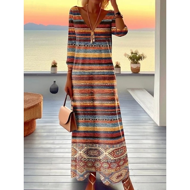 Women's Maxi Dress T Shirt Dress Tee Dress A Line Dress Vacation Casual Boho Going out Regular Fit Floral Graphic Geometric Long Sleeve V Neck Light Brown Blue Brown Spring Fall Winter