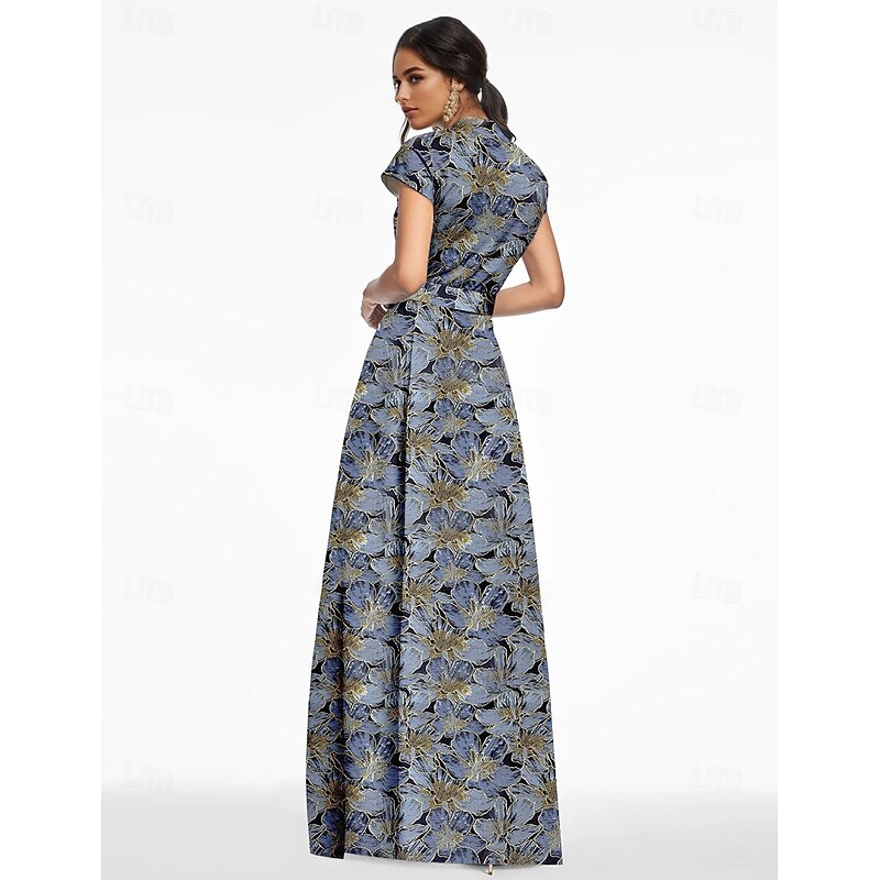 Jacquard Brocade Floral Mother of the Bride A-Line Evening Gown Elegant Dress Formal Wedding Guest Floor Length Short Sleeve V Neck Pocket Nylon with Slit Pocket2