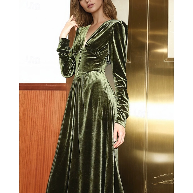 Women's Midi Dress Velvet Dress Cocktail Dress Elegant Vintage Fashion Outdoor Party Party Evening Wear Slim Plain Long Sleeve V Neck Dark Green Spring Autumn4
