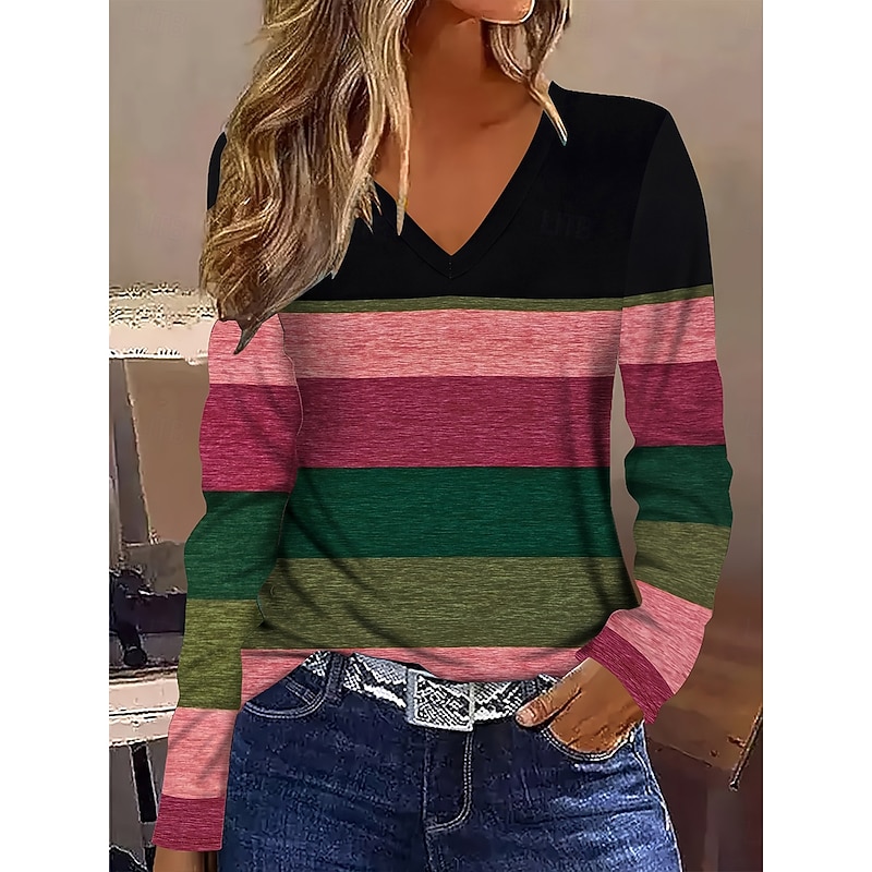 Women's T Shirt Ombre Graphic Striped Vintage Stylish Classic Long Sleeve V Neck Regular Tops Daily Print Dusty Rose Spring Fall Winter