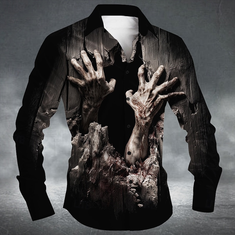 Halloween Men's Zombies Hand Horror Shirt Button Up Shirt Long Sleeve Dark Punk Gothic Style Outdoor Holiday Summer Spring Turndown 3D Print Collared Shirts Black - Main Image
