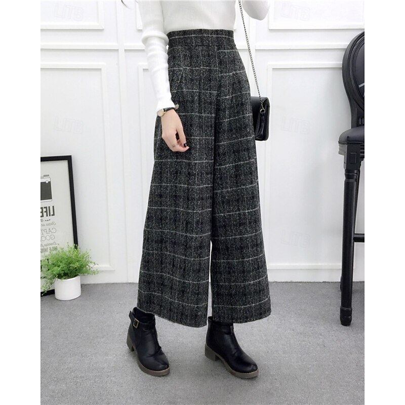 Women's Chinos Straight Streetwear Casual Ankle-Length Medium Waist Plain Plaid Checkered Elastic Waist Comfortable Micro-elastic Outdoor Vacation Street Black Grey Light Gray Dark-Gray Black Fall3