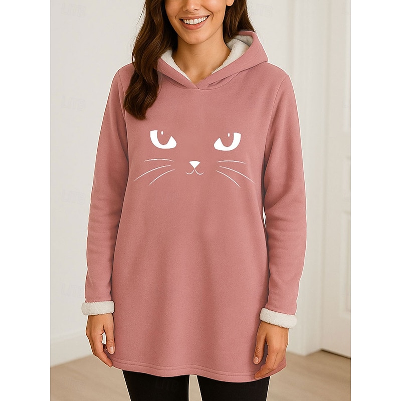 Women's Pullover Hoodie Sweatshirt Graphic Cat Casual Comfrt Long Sleeve Hooded Long Tops Street Dailywear Casual Print Pink Blue Gray Fall Winter - Main Image