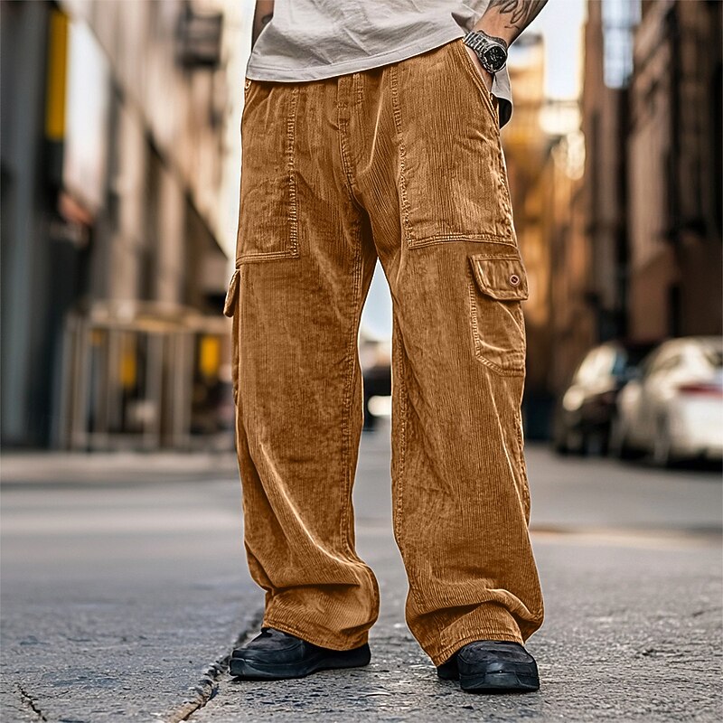 Men's Cargo Pants Cargo Trousers Corduroy Pants Pocket Buttons Woven Solid Color Plain Soft Breathable Full Length Formal Office Work Vacation Stylish Black Brown Micro-elastic3