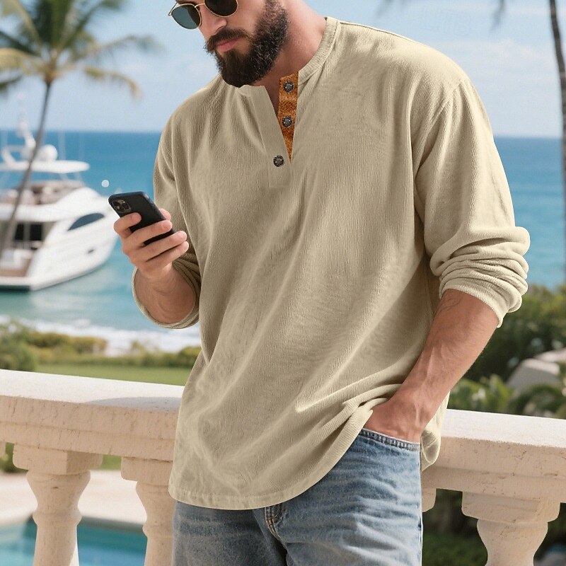 Men's T Shirt Corduroy Shirt Henley Shirt Tee Long Sleeve Henley Spring Fall Plain Fashion Designer Basic Buttons Vacation Street Going out Black Wine Brown Top Tee for Men3