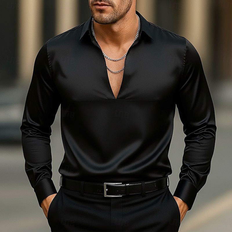 Men's Shirt Satin Shirt Dress Shirt Casual Shirt Button Up Shirt Prom Shirt Plain Formal Wedding Light Blue Black White Navy Blue Long Sleeve V Neck All Seasons Clothing Apparel4
