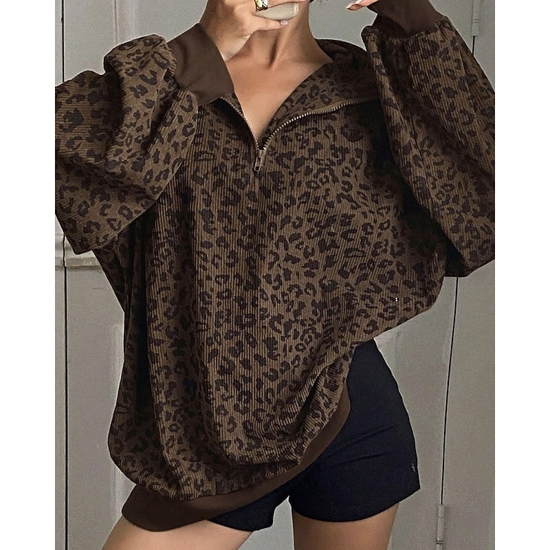 Women's Pullover Sweatshirts Zip Up Sweatshirts Leopard Sports Fashion Casual Long Sleeve High Neck Regular Tops Street Dailywear Half Zipper Quarter Zipper Print Black Brown Khaki Dark Gray Coffee