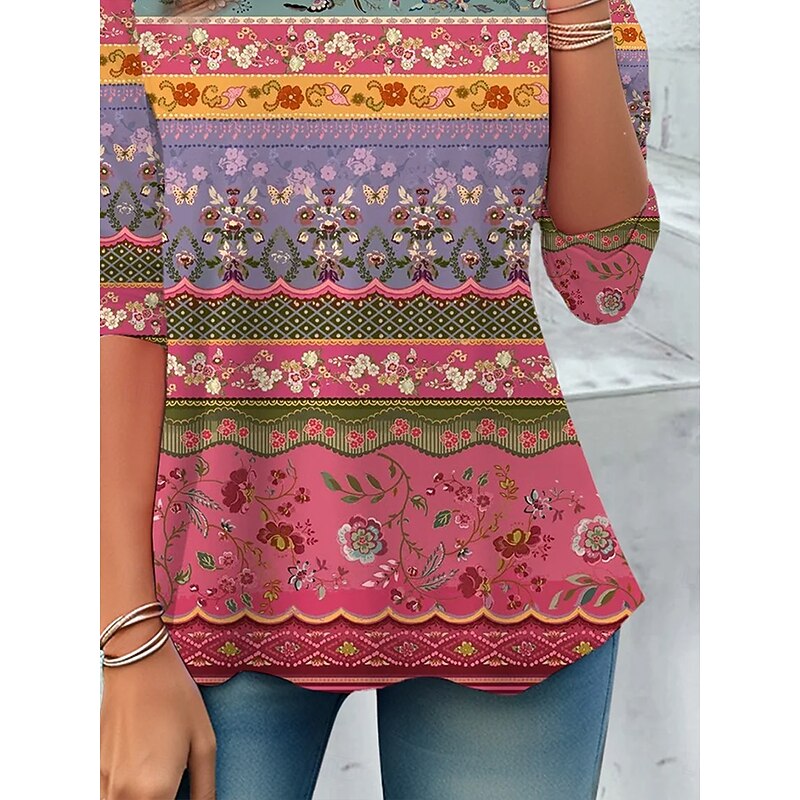 Women's T Shirt Floral Graphic Striped Vintage Stylish Classic Long Sleeve Crew Neck Round Neck Regular Tops Daily Print Pink Spring Fall Winter3