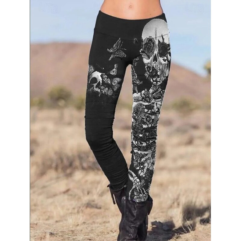 Halloween Women's Leggings Vacation Vintage Fashion Ankle-Length High WaistPants Bat Graphic Skull Printing Soft Breathable Stretchy Formal Outdoor Vacation Black White ash-colored Spring3