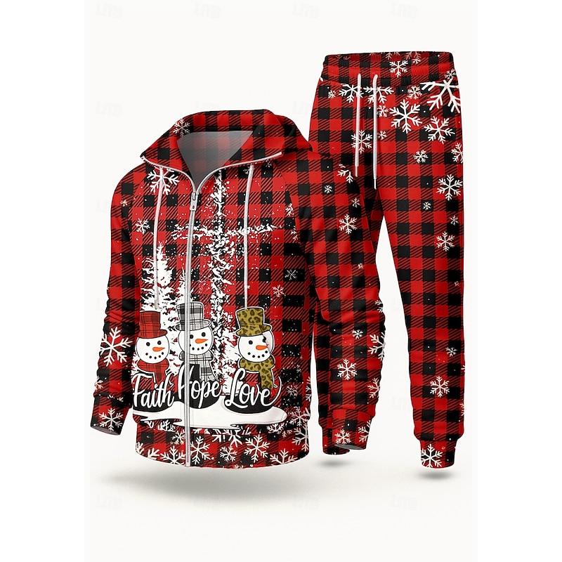 Christmas Men's Hoodie Tracksuit 2 Piece Tracksuit Drawstring Zip Up Plaid Checkered Clothing Suit Fall Red Vocation Outdoor Travel Lightweight Fashion Long Sleeve Sport Activewear Stretchy Regular