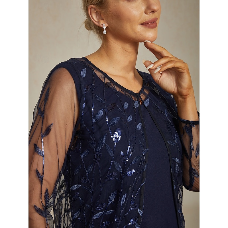 Women's Dressy Tops Lace Tops Floral Elegant Stylish Basic Long Sleeve Crew Neck Long Tops Wedding Guest Party Evening Wear Semi Formal Sequins Navy Blue Spring Fall Winter3