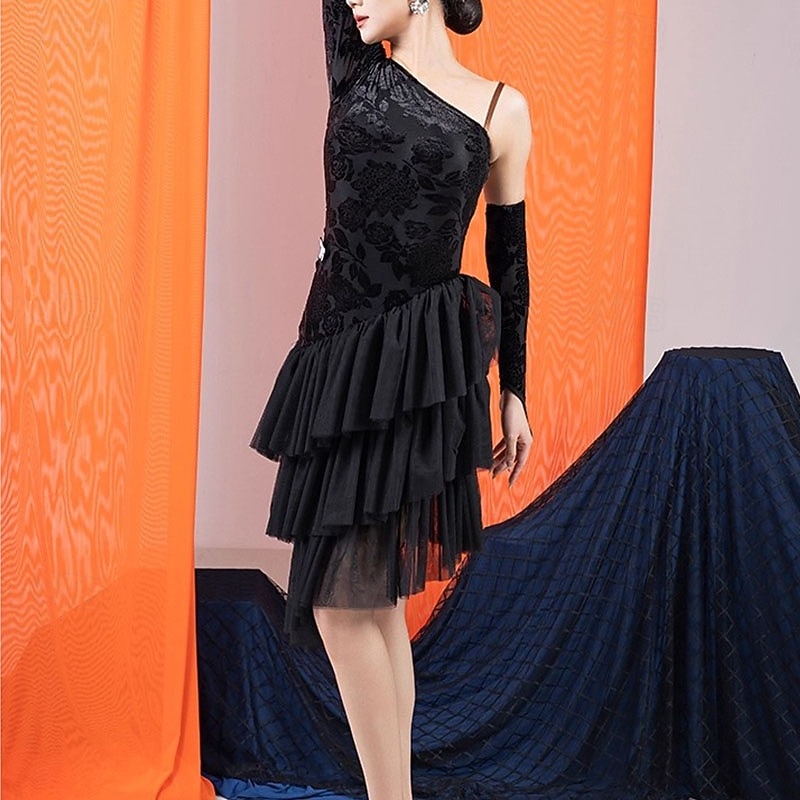 Latin Dance Dress Splicing Women's Performance Daily Wear Long Sleeve Crystal Cotton Mesh4