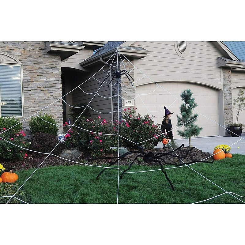 Halloween Spider Web 22.9 X 18 Ft Triangle Web with Gutter Hook Set White Halloween Spider Web with Gutter Hook Set Easy to Decor Outdoor Yard3