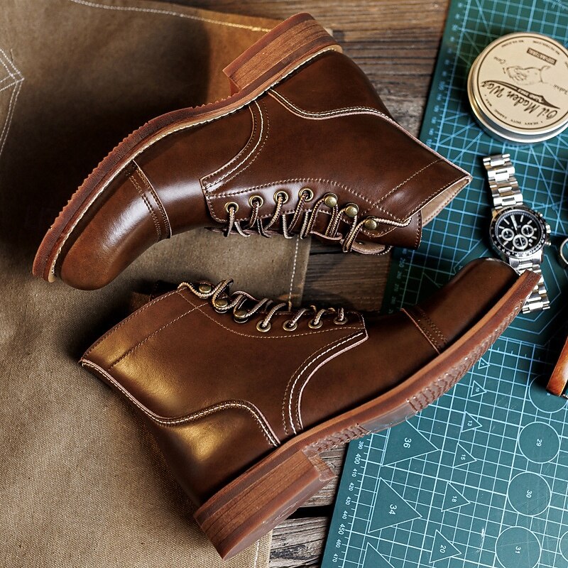 Men's Brown Faux Leather Lace-Up Boots with Retro Stitch Detailing – Casual Outdoor Ankle Work Boots for Everyday Wear4