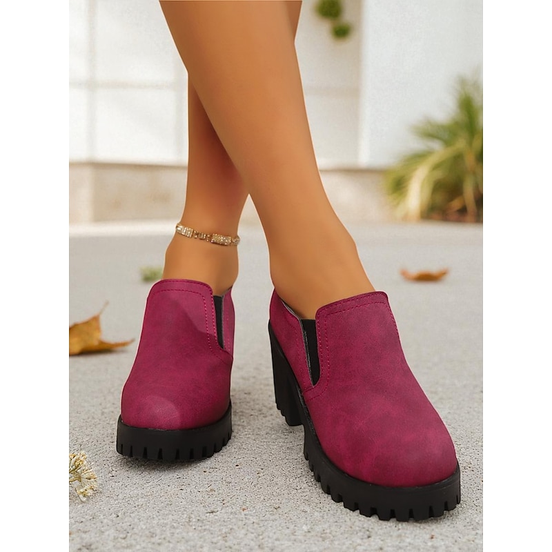 Women's Burgundy Chunky Heel Platform Shoes – Faux Leather Slip-On Shoes Toe Loafers for Casual Streetwear and Autumn Outfits4