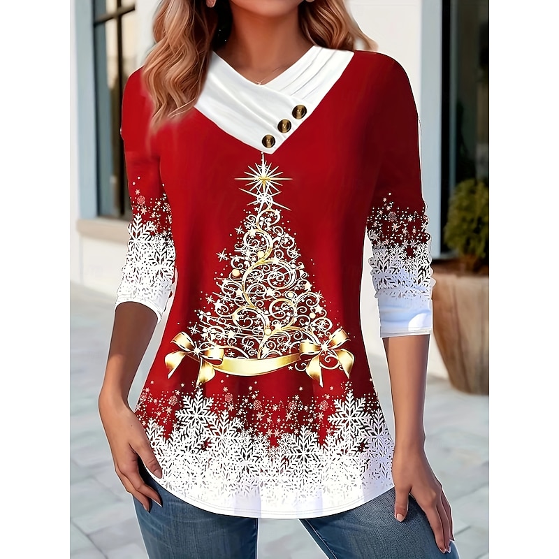 Christmas Women's T Shirt Graphic Christmas Tree Vintage Stylish Classic Long Sleeve V Neck Regular Tops Daily Buttons Print Asymmetrical Black Red Blue Green Spring Fall Winter