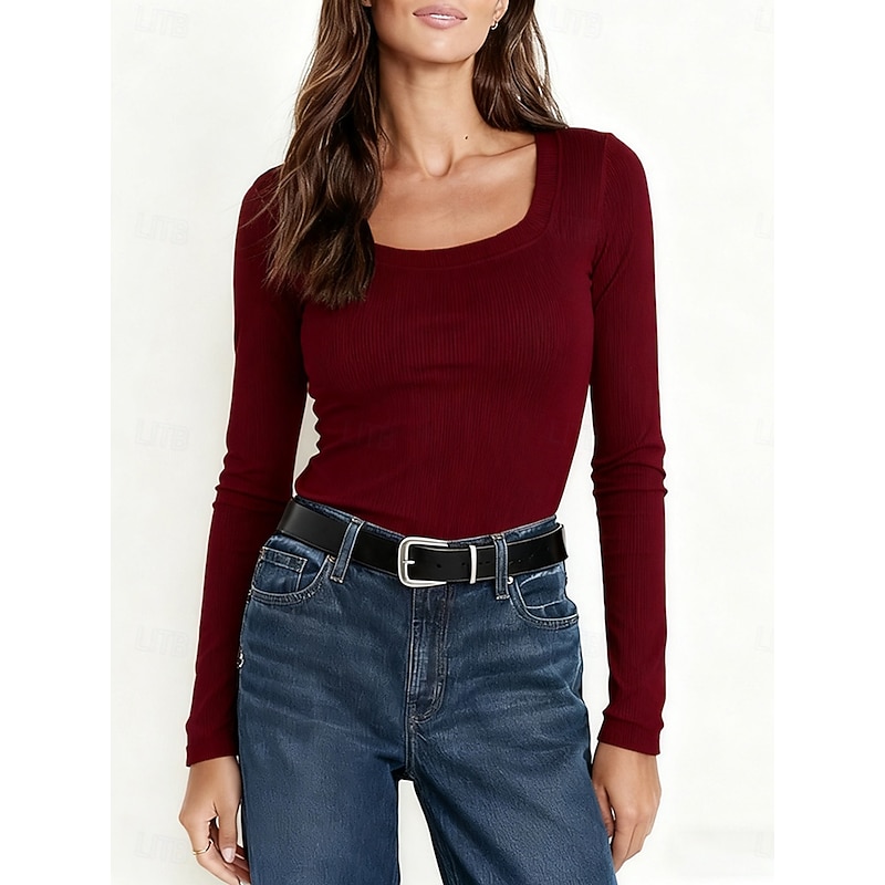 Women's T Shirt Graphic Plain Vintage Stylish Classic Long Sleeve Square Neck Regular Tops Daily Print Black White Pink Wine Purple Spring Fall3