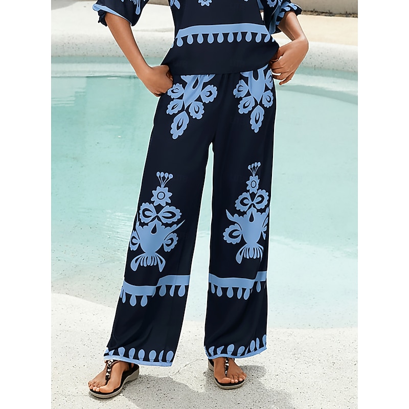 Women's Wide Leg Pants Silky Satin Elasticated Gathered Waist Straight Loose Ethnic Geometric Placement Print Casual Vacation Spring Summer Fall