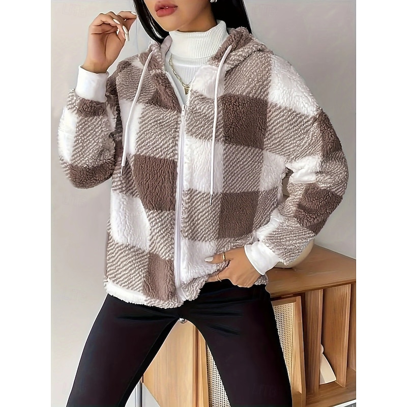 Women's Fleece Jacket Teddy Coat Comfortable Breathable Pocket Buttons Print Casual Plaid Vacation Street Casual Daily Wear Zipper Regular Hooded Regular Fit Long Sleeve Outerwear Brown Spring Fall3