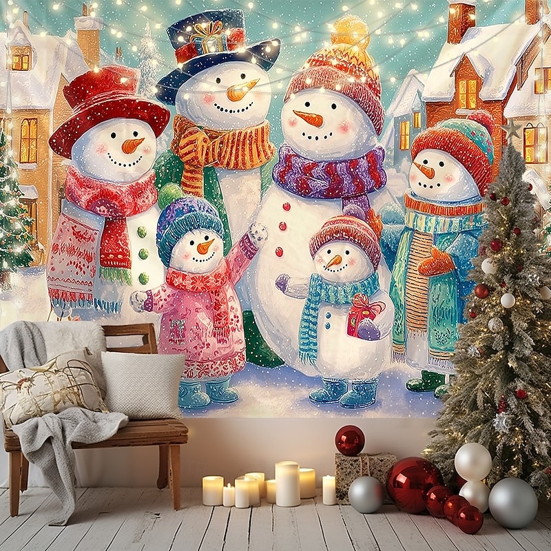 Christmas Wall Tapestry Backdrop, Colorful Family of Snowmen with Scarves and Hats, 2025 Xmas Winter Holiday Wall Hanging for Bedroom Living Room Decoration2