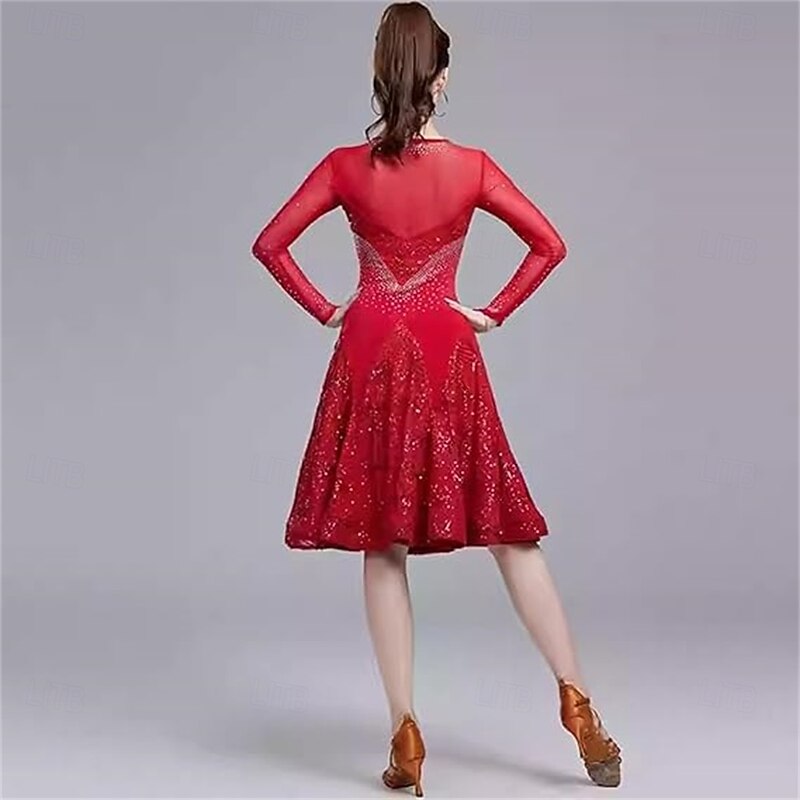 Women's Latin Tango Salsa Dance Competition Dress Rhinestones Long Sleeves Waltz Cha Cha Practice Fishtail Skirt2