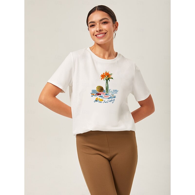 Women's Cotton Floral Graphic Print T Shirt White Short Sleeve Casual Crew Neck Top for Everyday Wear4