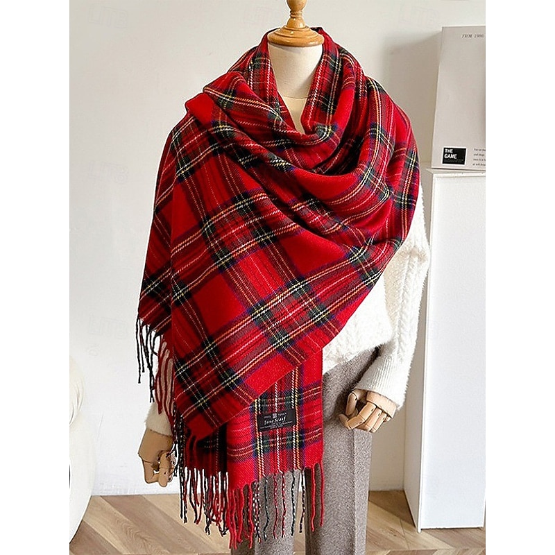 Women's Christmas Plaid Scarf, Warm Winter Tartan Shawl Wrap with Fringe, Cozy Fashion Accessory for Holiday Party and Outdoor Wear4