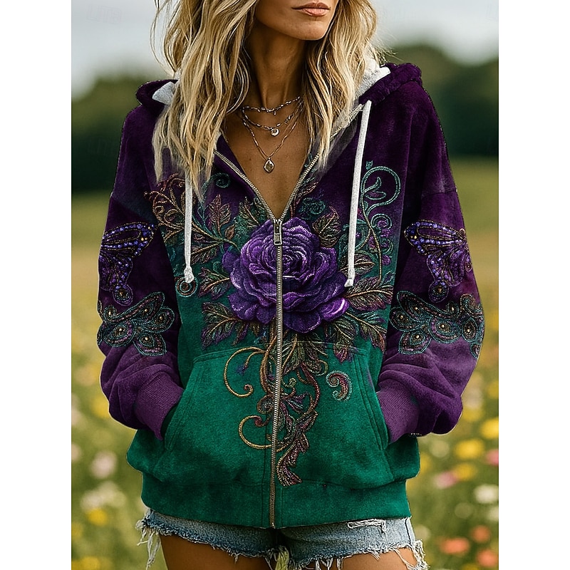 Women's 3D Print Vintage Boho Hoodie Patchwork Hoodie Sweatshirt Floral Zip Up Casual Hooded Street Dailywear Patchwork Zipper Pocket Light Purple Purple Brown Green Spring Fall4