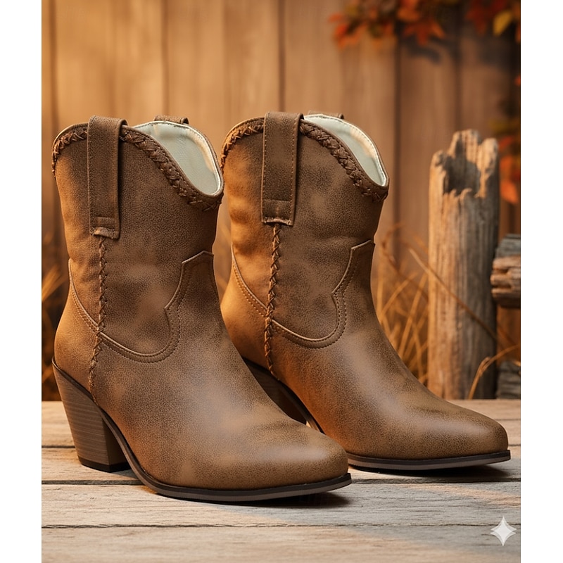 Men's Vintage Brown Faux Leather Ankle Western Boots - Distressed Finish with Braided Details, Comfortable Block Heel for Casual and Outdoor Wear3