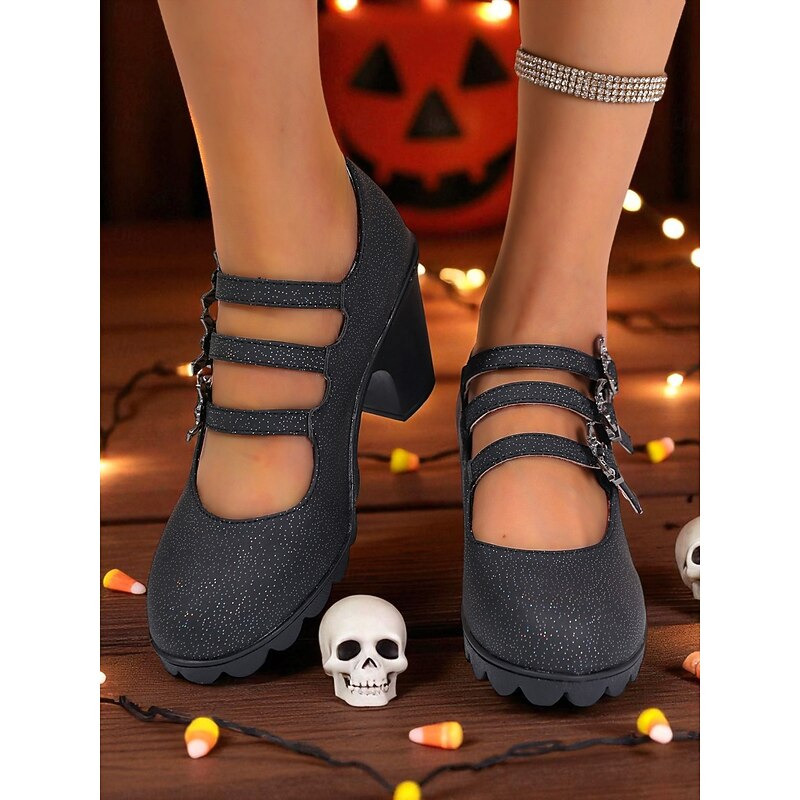 Women's Halloween Chunky Heel Mary Jane Pumps – Gothic Black Party Shoes with Bat Buckle Straps for Costume, Night Out and Cosplay4