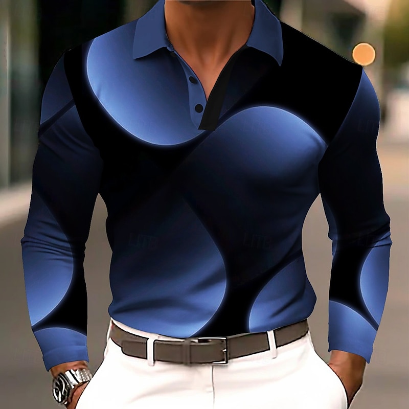Men's Abstract Geometic Polo Long Sleeve Polo Shirts Lapel Business Casual Athleisure Daily Wear 3D Print Buttons Spring Fall Winter Yellow Pink Blue