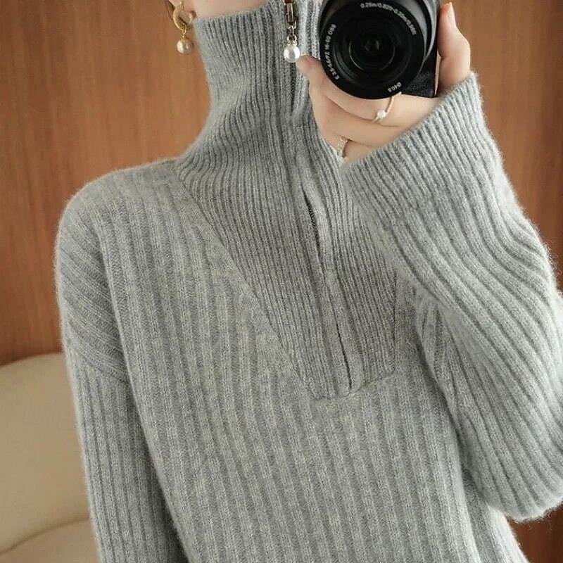 Women's Sweater Fashion Basic Casual Pure Color Ribbed Half Zip Zipper Knitted Long Sleeve Regular Tops Knit Outdoor Daily Weekend Gray Fall Winter